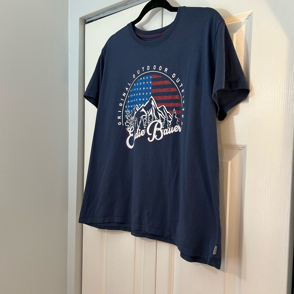 Eddie Bauer Women’s XL Graphic T-Shirt Blue Outdoor Mountain Flag Tee